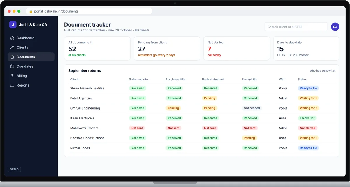 Demo accounting firm dashboard with clients and deadlines