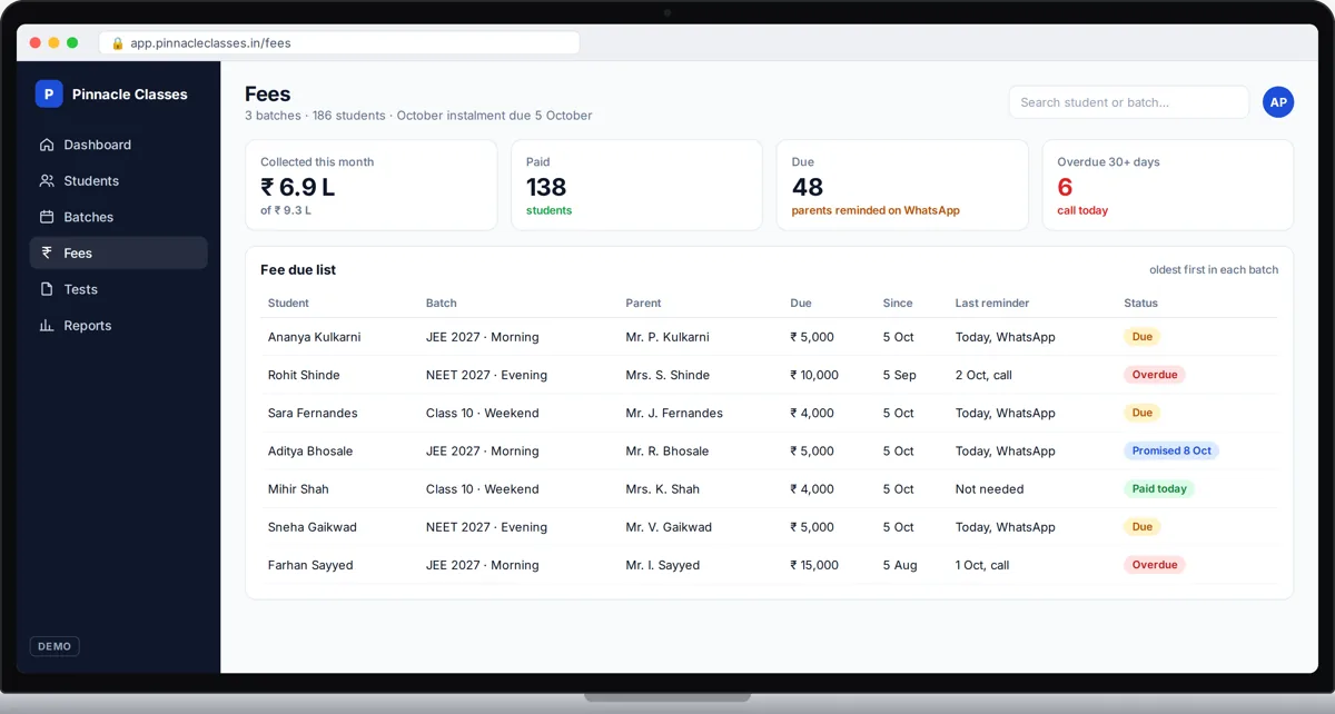 Demo coaching class dashboard with fees and attendance