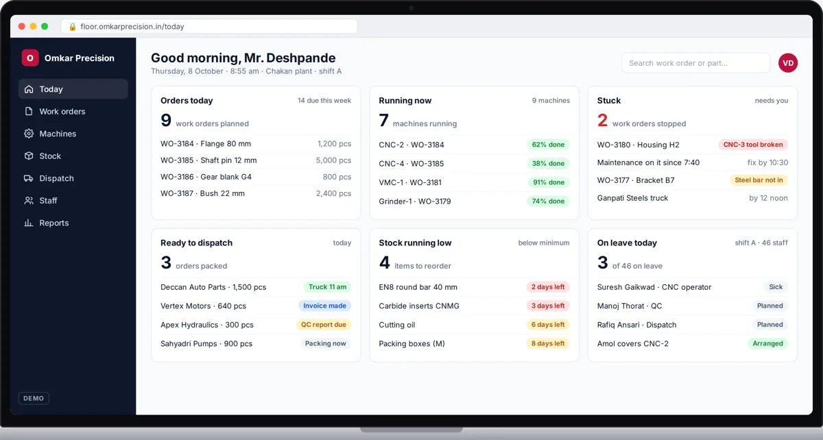 Demo factory dashboard with work orders, machines and dispatch
