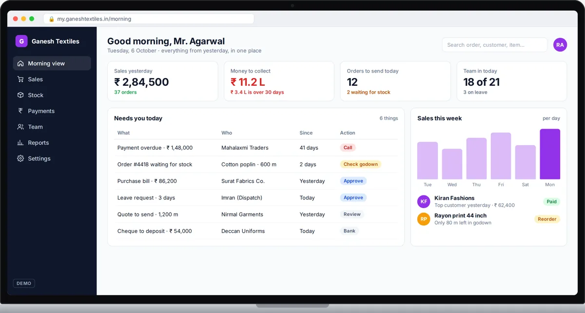 Demo owner dashboard with sales, collections and orders