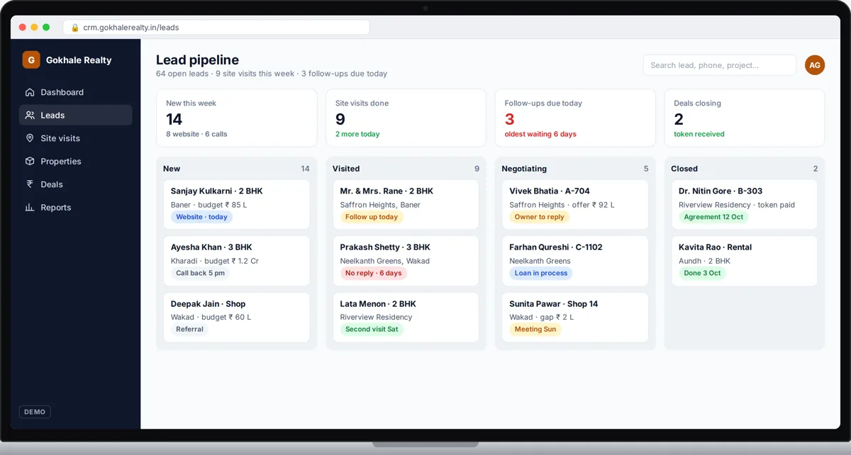 Demo real estate dashboard with leads and site visits