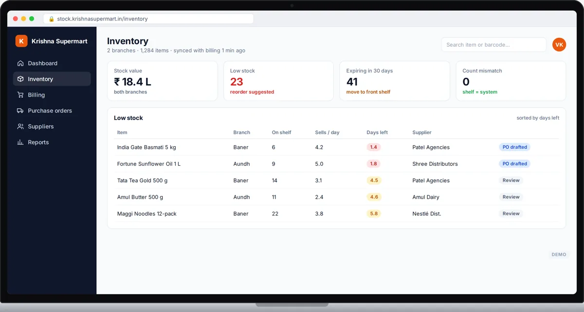 Demo supermarket inventory with low stock and reorder suggestions