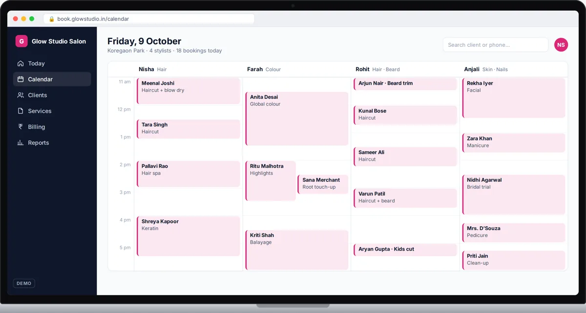 Demo salon dashboard with bookings and returning customers