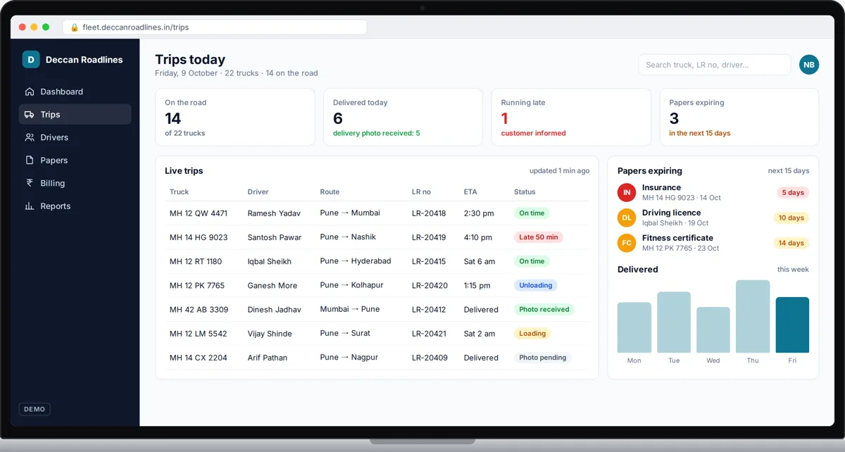 Demo transport dashboard with live trips