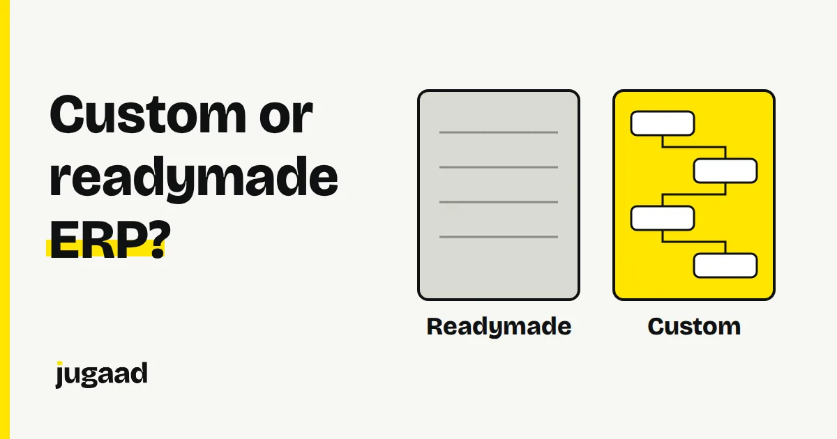 Two blocks side by side, one standard and one shaped to fit a business process, for a custom versus readymade ERP comparison.