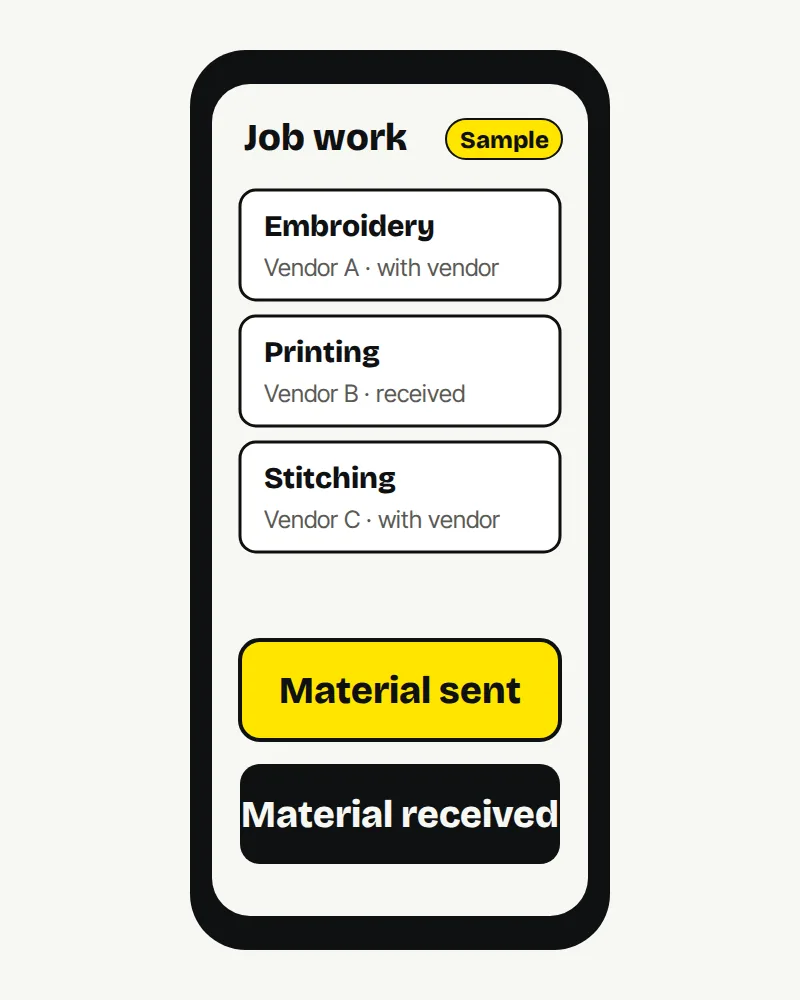 A phone screen with two large buttons for recording material sent and material received.