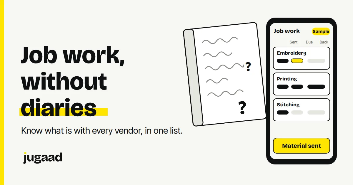 A paper diary on one side and a phone screen on the other, showing job work records for vendors in one list.